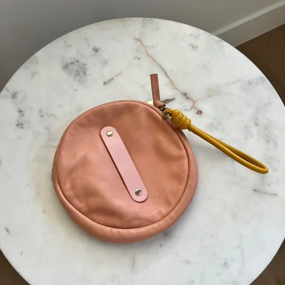 Clare V Round Pink Leather Wristlet with Mustard Strap - Picture 3 of 4